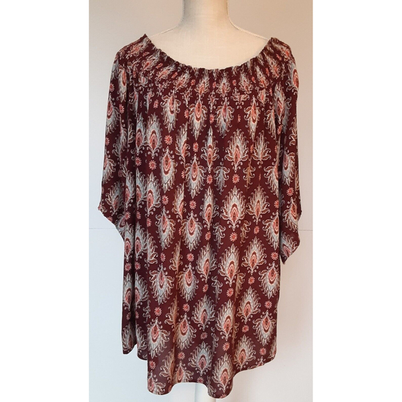 Signature I Studio Women's 1X Burgundy Print Boho Blouse w/Smocking at the Neck - Picture 1 of 8